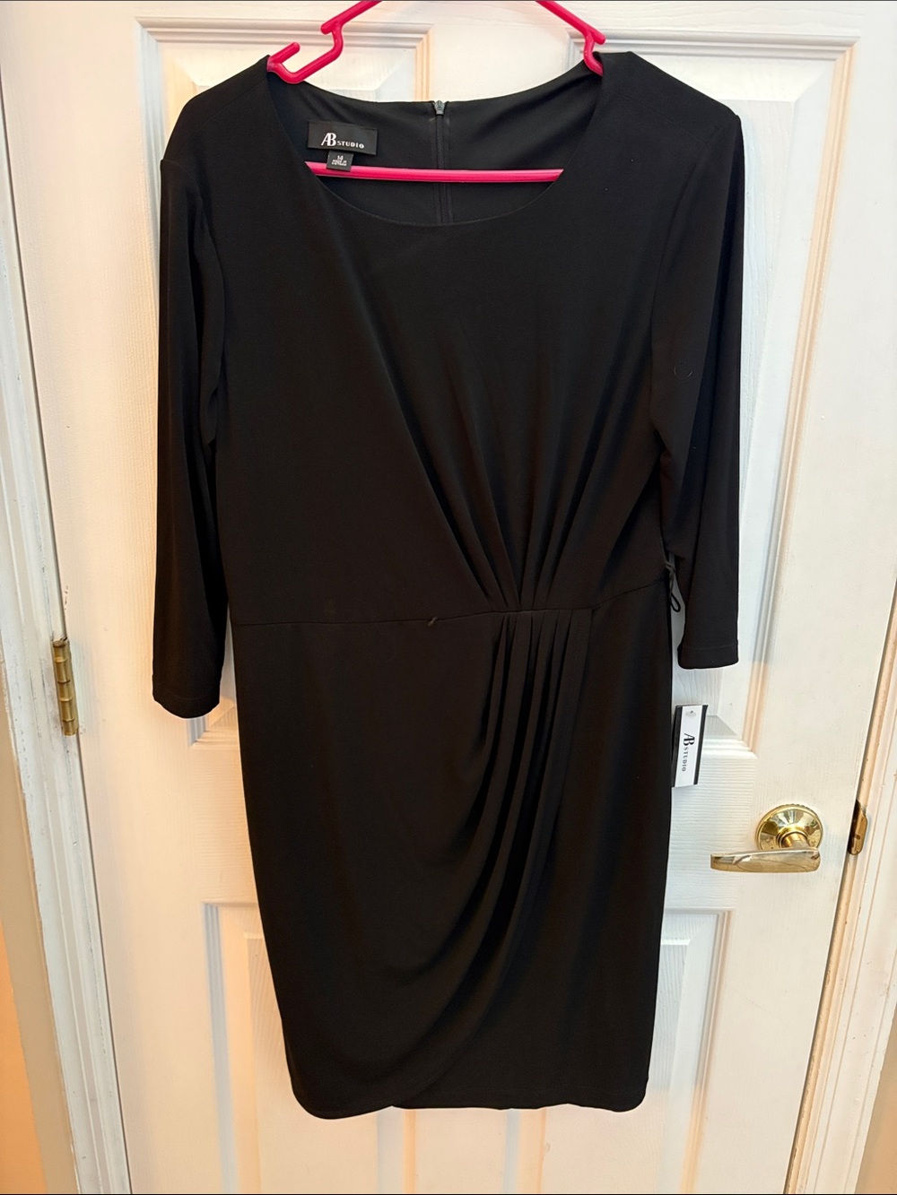 AB Studio Black 3/4 Sleeve Draped Waist Sheath Dress size 14 NWT missing belt